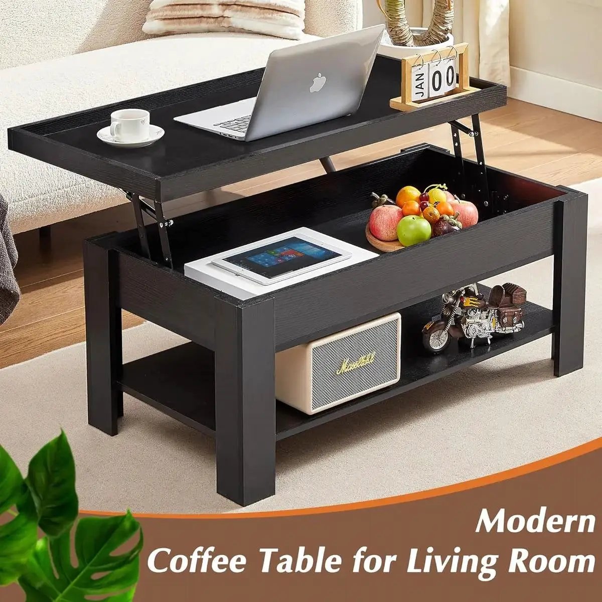 Modern Lift Top Coffee Table Laptop Tray with Storage Shelf in Black Wood Finish by HomePacific