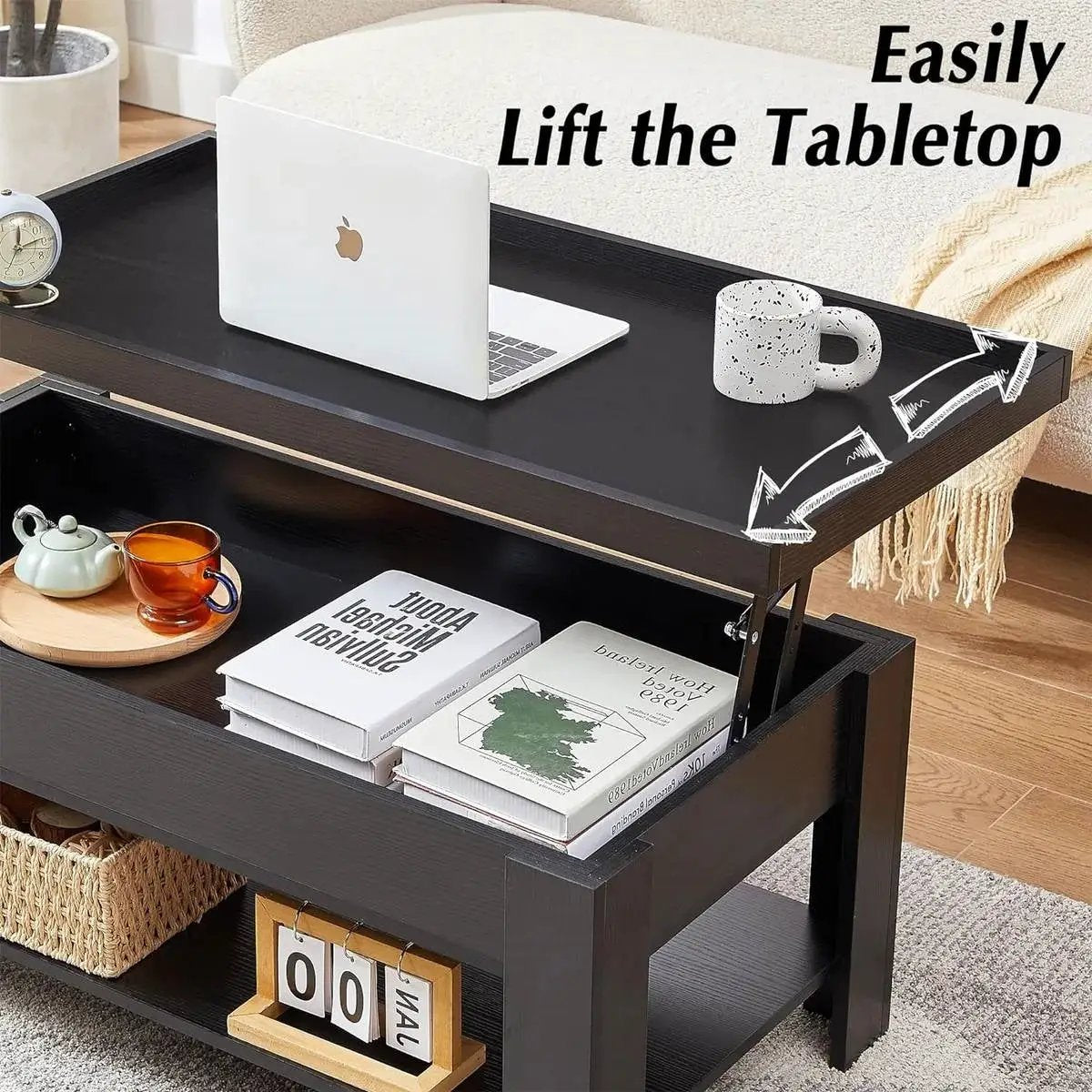 Modern Lift Top Coffee Table Laptop Tray with Storage Shelf in Black Wood Finish by HomePacific