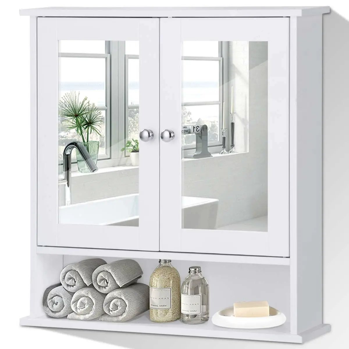 White Bathroom Wall Medicine Cabinet with Mirror and Open Shelf by HomePacific