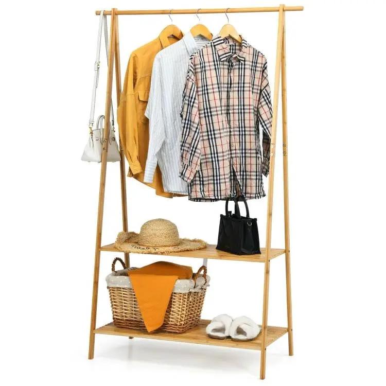 Entryway Bedroom Wood Garment Clothes Hanging Rack with 2 Bottom Storage Shelves by HomePacific