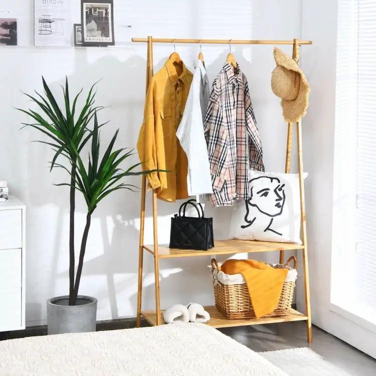 Entryway Bedroom Wood Garment Clothes Hanging Rack with 2 Bottom Storage Shelves by HomePacific