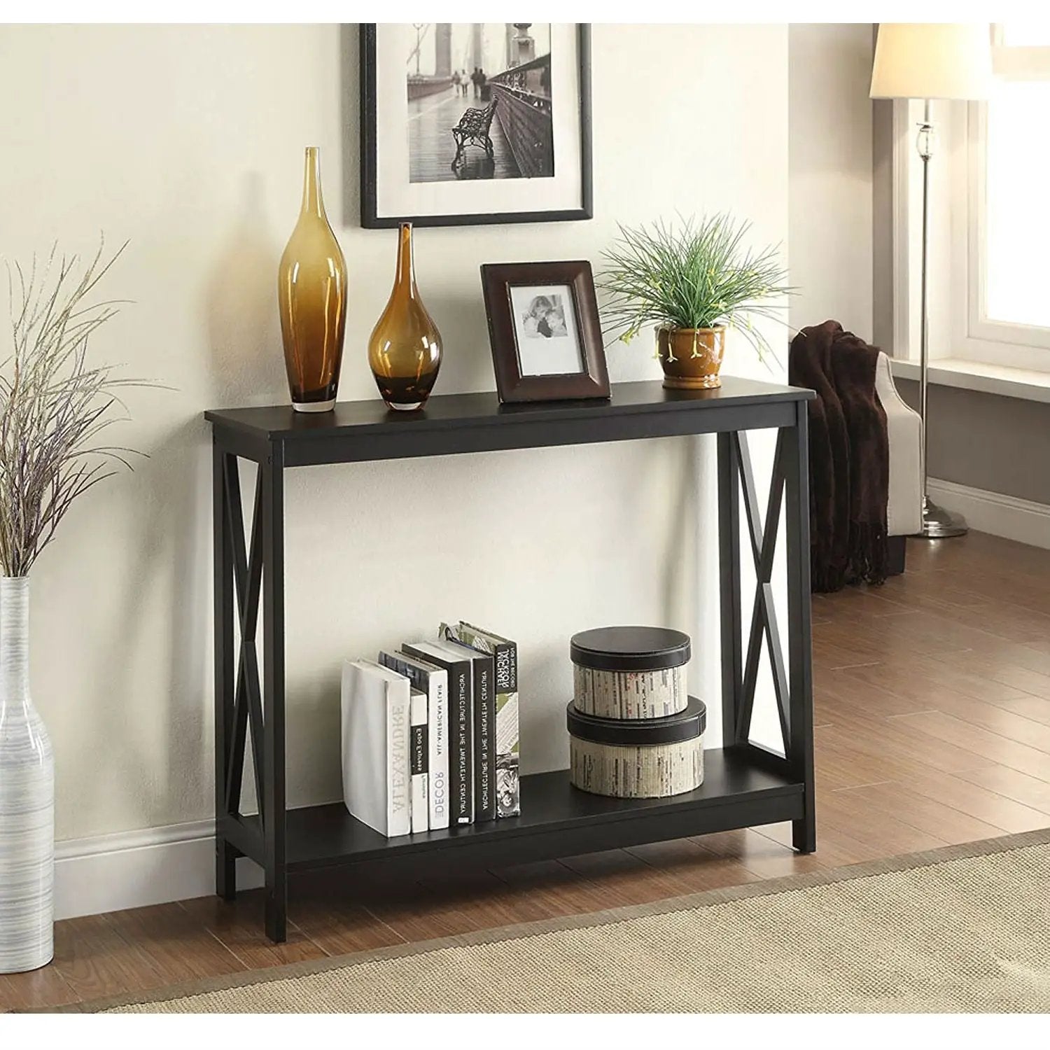 Black Wood Console Sofa Table with Bottom Storage Shelf by HomePacific