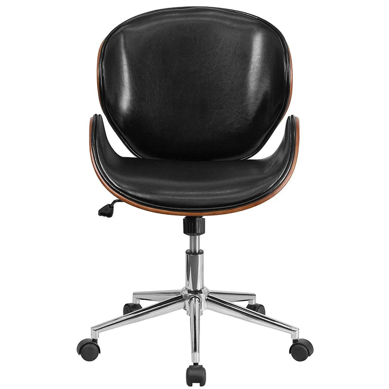 Mid-Back Walnut / Black Faux Leather Office Chair with Curved Bentwood Seat by HomePacific