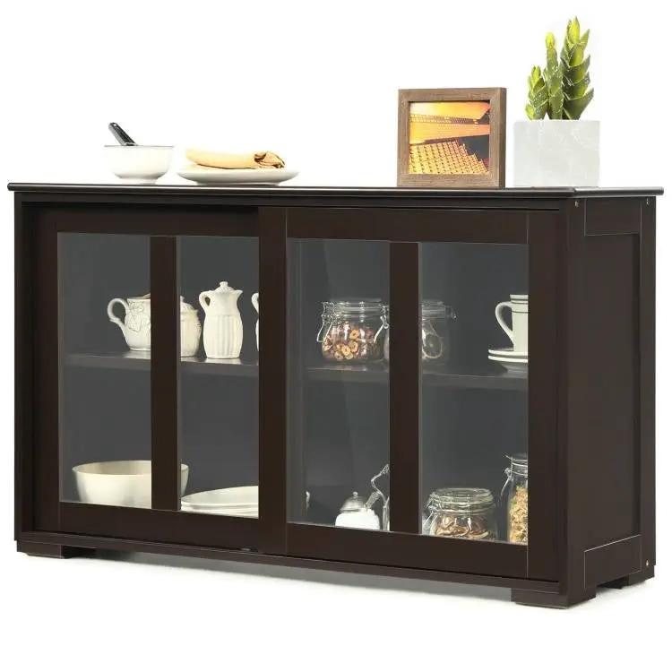 Brown Wood Buffet Kitchen Dining Sideboard Storage Cabinet w/ Glass Sliding Door by HomePacific