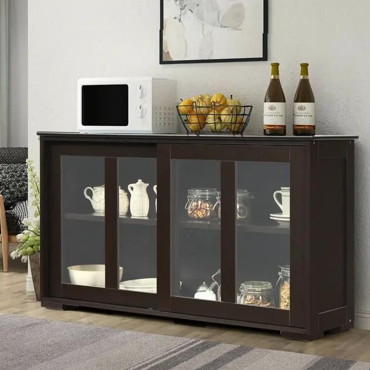 Brown Wood Buffet Kitchen Dining Sideboard Storage Cabinet w/ Glass Sliding Door by HomePacific