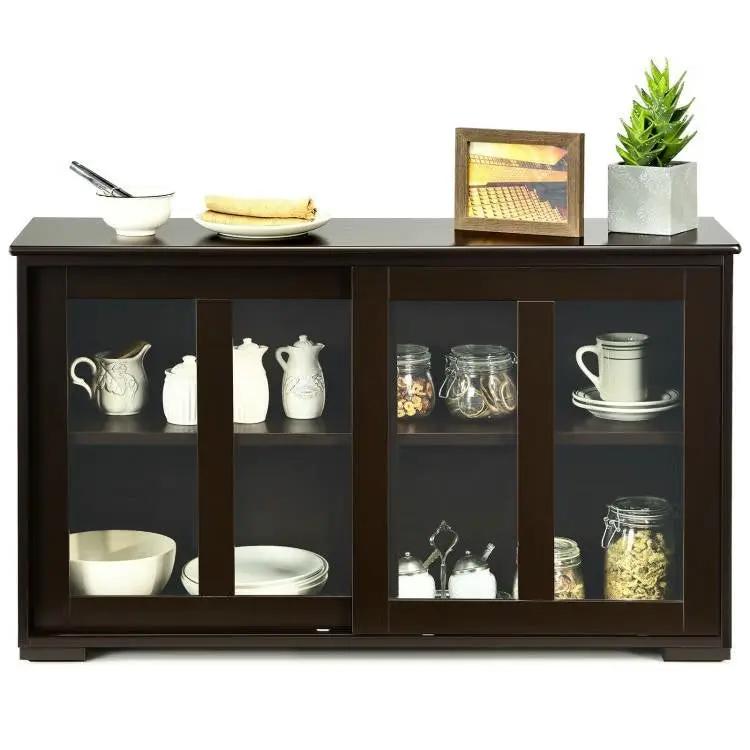 Brown Wood Buffet Kitchen Dining Sideboard Storage Cabinet w/ Glass Sliding Door by HomePacific
