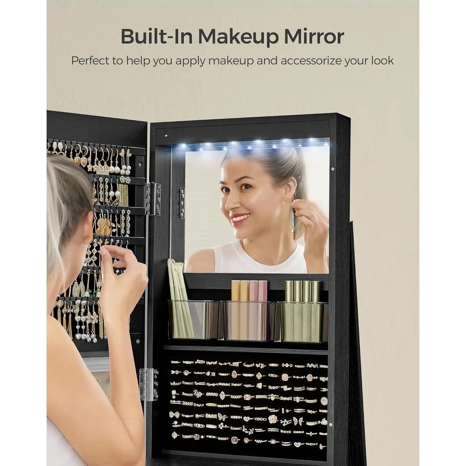 Black Wood Jewelry Cabinet Armoire Organizer Freestanding Rotating Mirror by HomePacific