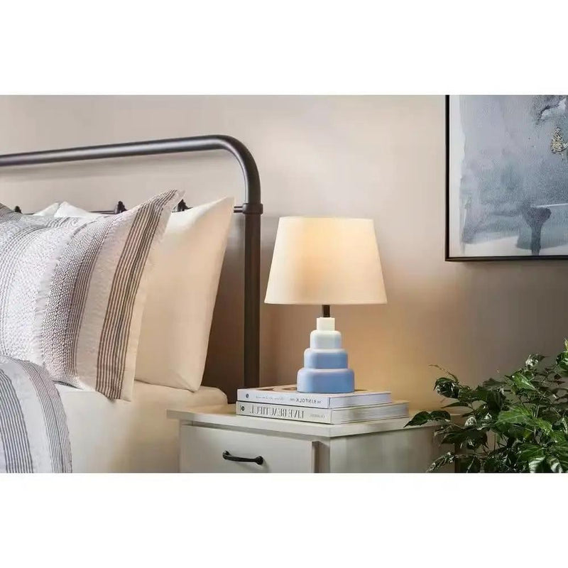 Small Blue Desk Light Table Lamp with White Fabric Shade for Bedside Nightstand by HomePacific