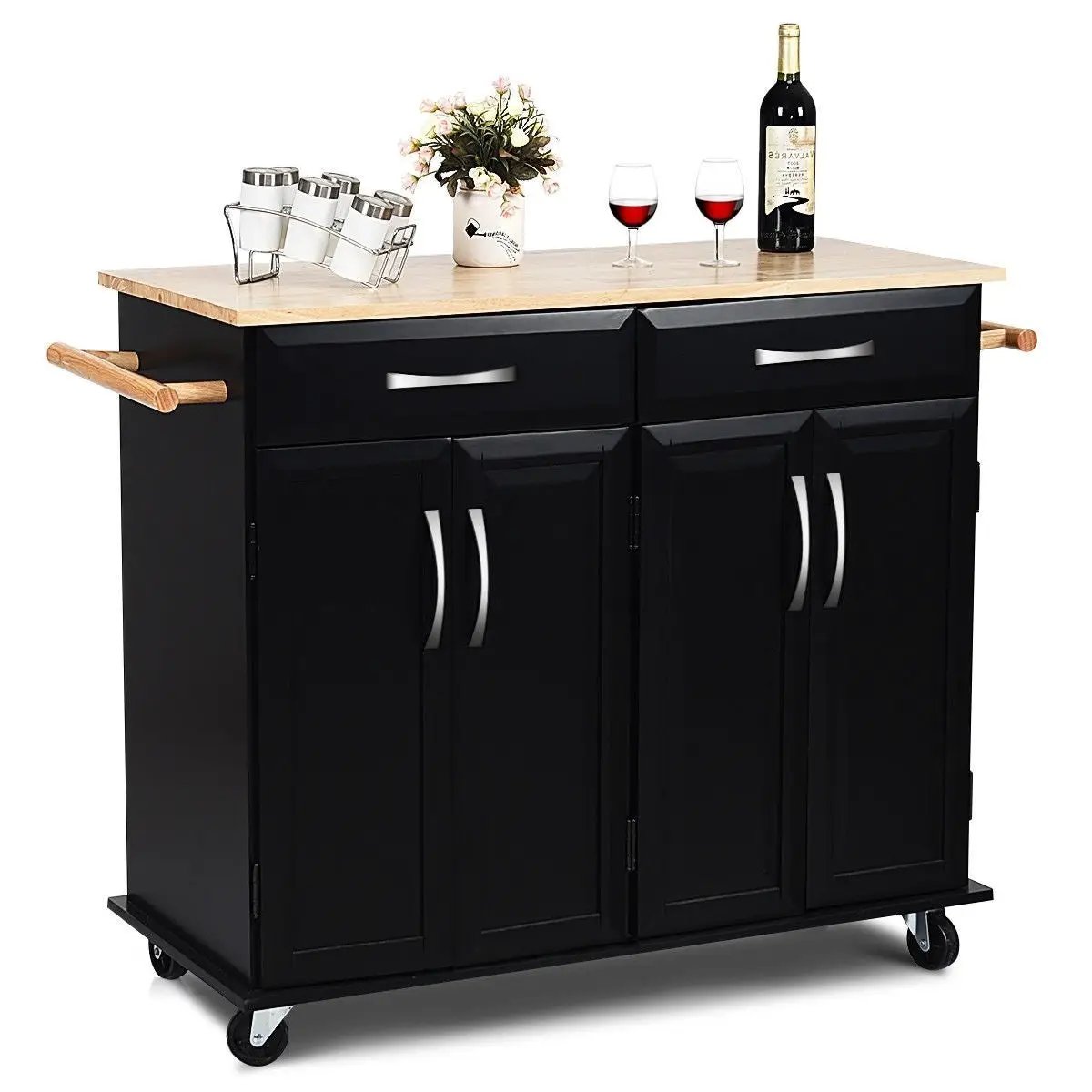 Black Kitchen Island Storage Cabinet Cart with Wood Top and Wheels by HomePacific