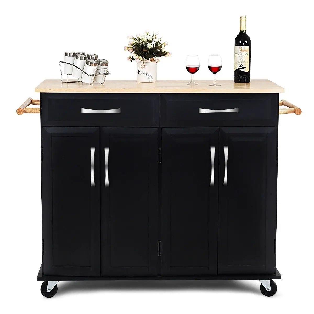 Black Kitchen Island Storage Cabinet Cart with Wood Top and Wheels by HomePacific