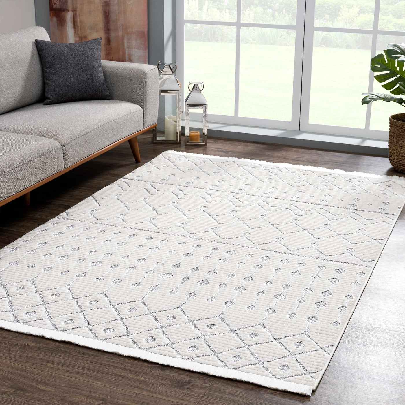 Ivory Gray Beil Textured Trellis Fringe Area Rug - Clearance by Boutique Rugs