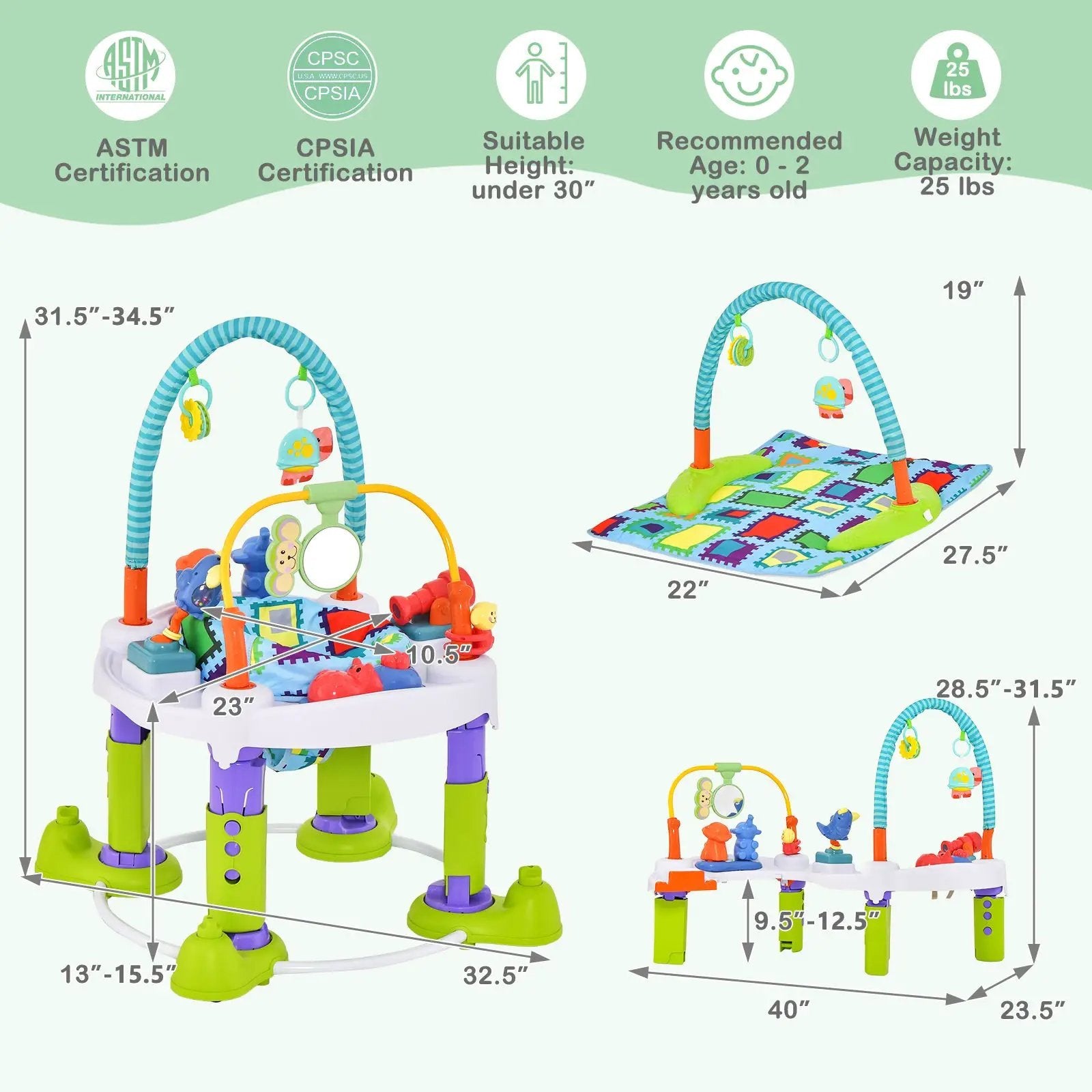 4-in-1 Baby Bouncer Activity Center with 3 Adjustable Heights-Green by DirectDeals