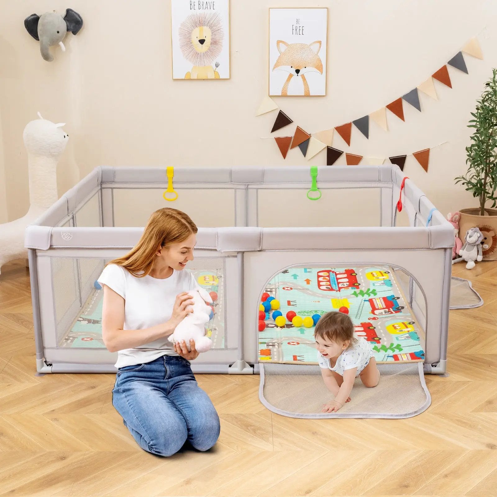 Baby Playpen with Mat and Breathable Mesh-Gray by DirectDeals