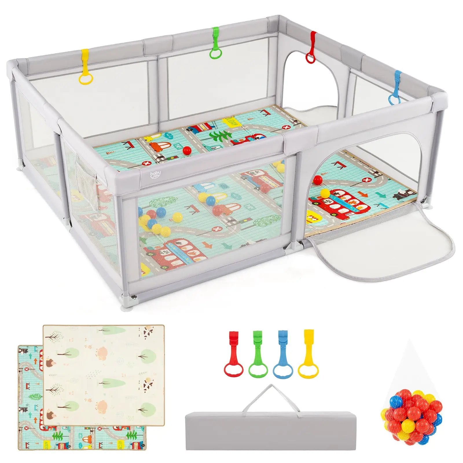 Baby Playpen with Mat and Breathable Mesh-Gray by DirectDeals