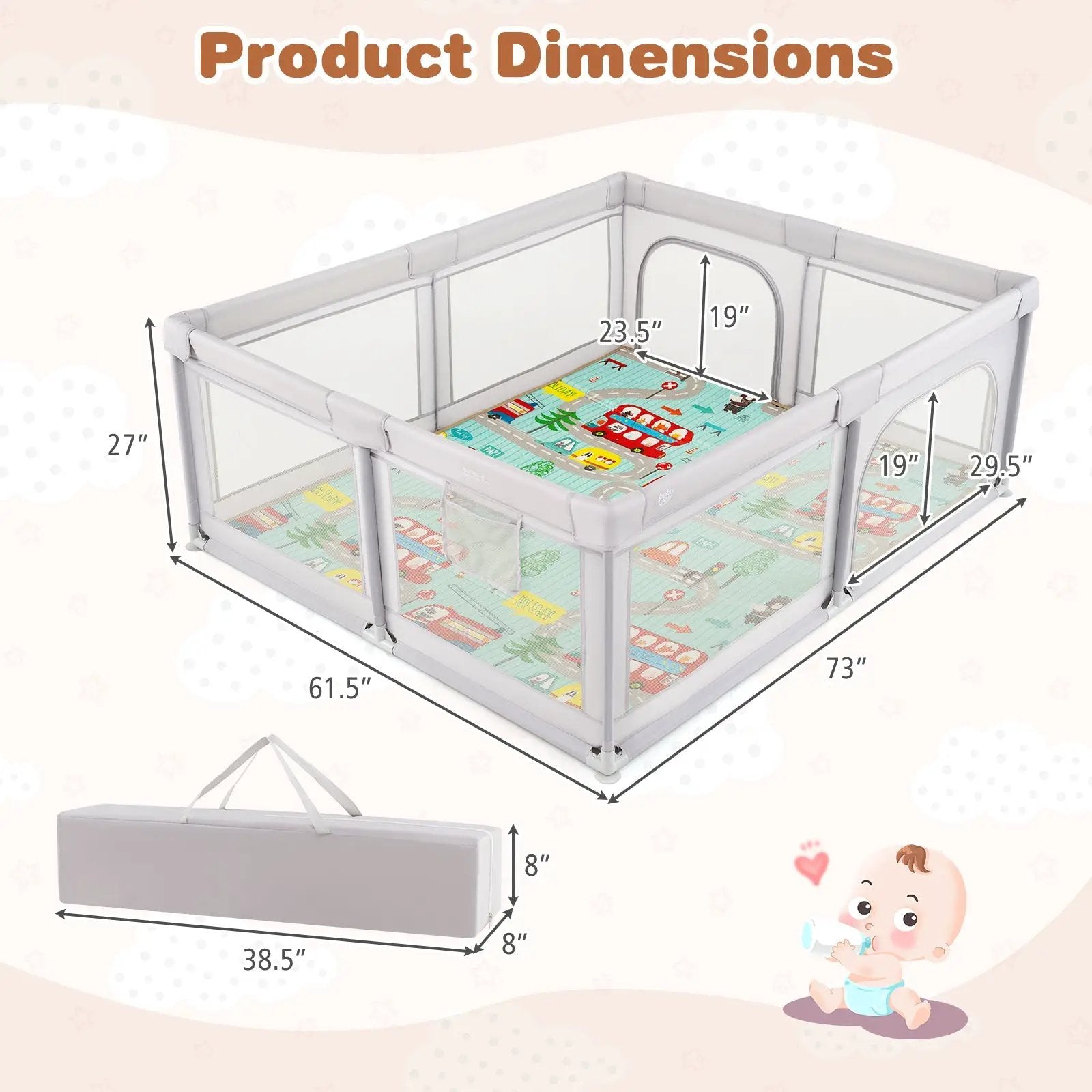 Baby Playpen with Mat and Breathable Mesh-Gray by DirectDeals