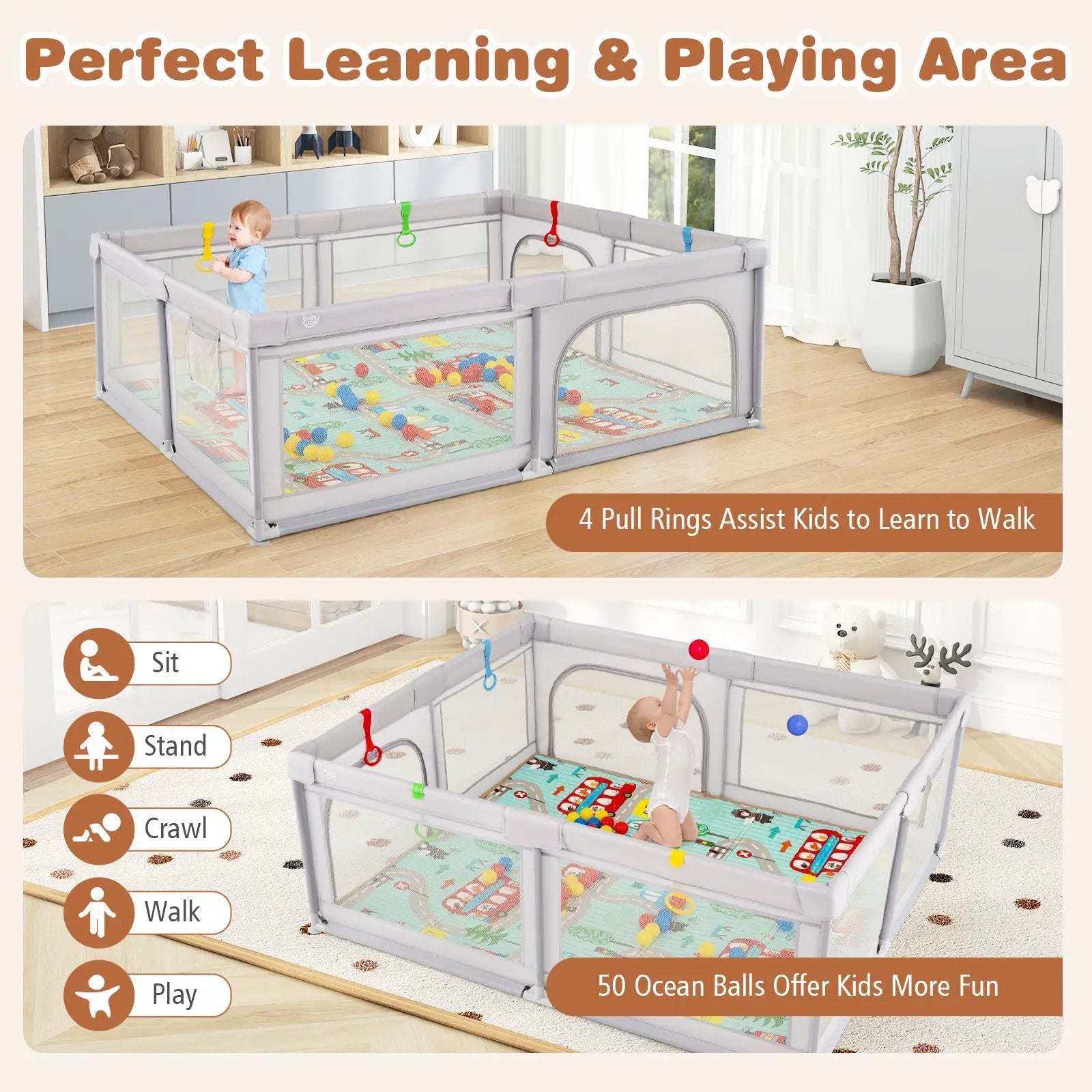 Baby Playpen with Mat and Breathable Mesh-Gray by DirectDeals