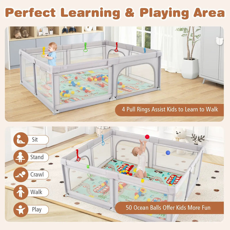 Baby Playpen with Mat and Breathable Mesh-Gray by DirectDeals