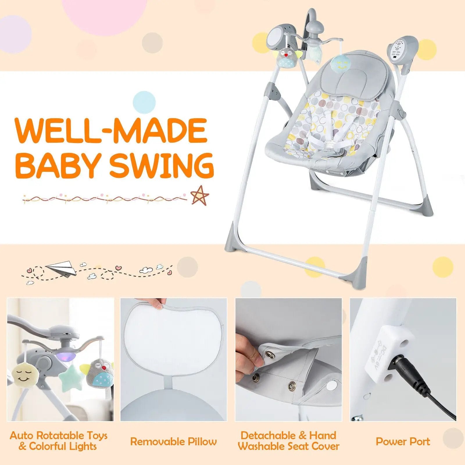 Electric Foldable Baby Rocking Chair with Adjustable Backrest by DirectDeals