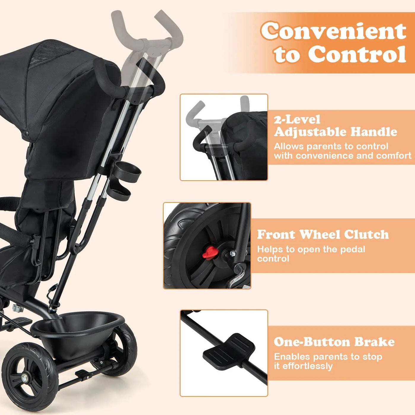 4-in-1 Baby Trike Kids Tricycle with Removable Canopy and Adjustable Push Handle by DirectDeals