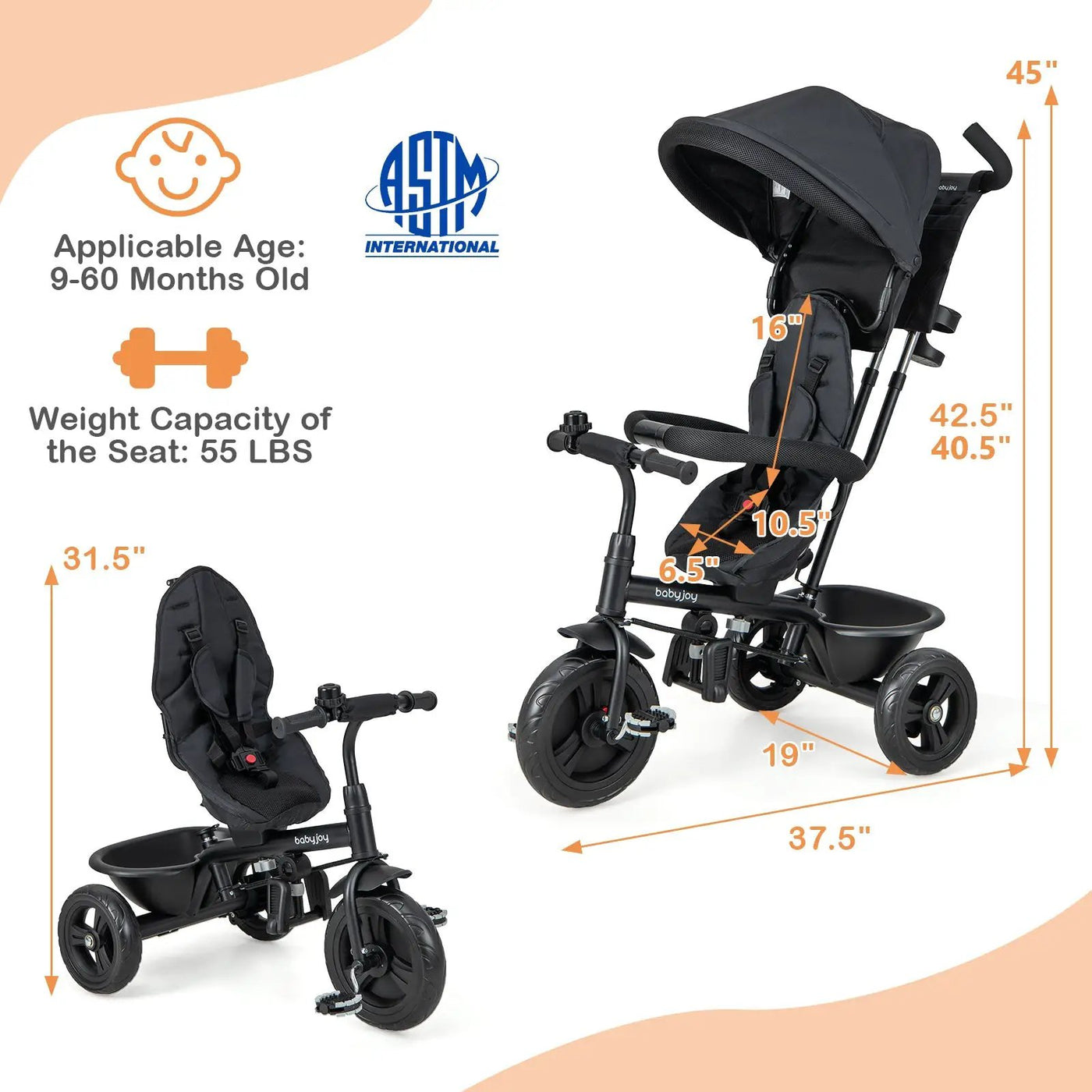4-in-1 Baby Trike Kids Tricycle with Removable Canopy and Adjustable Push Handle by DirectDeals