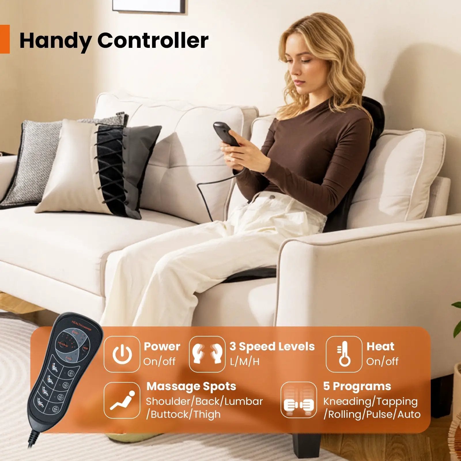 Back Massager Seat Cushion with Heat and 10 Vibration Motors for Pain Relief-Black by DirectDeals