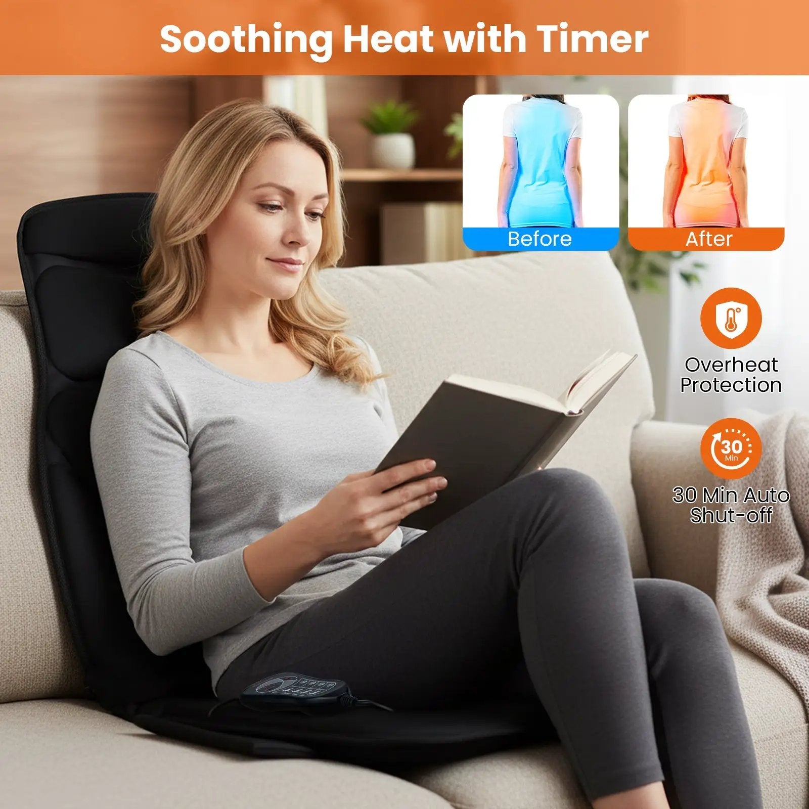 Back Massager Seat Cushion with Heat and 10 Vibration Motors for Pain Relief-Black by DirectDeals