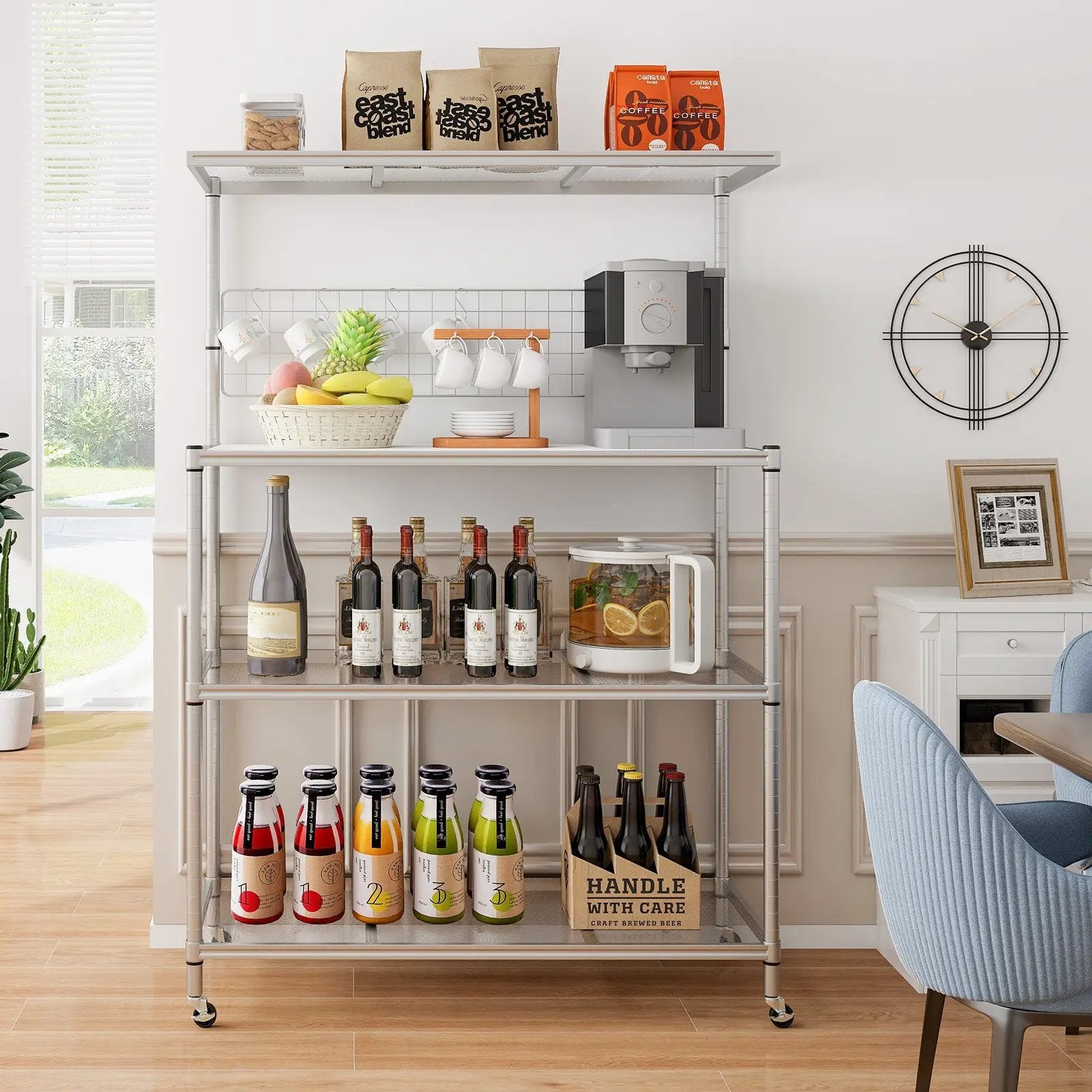 4-Tier Bakers Rack on Wheels with Adjustable Shelves-Silver by DirectDeals