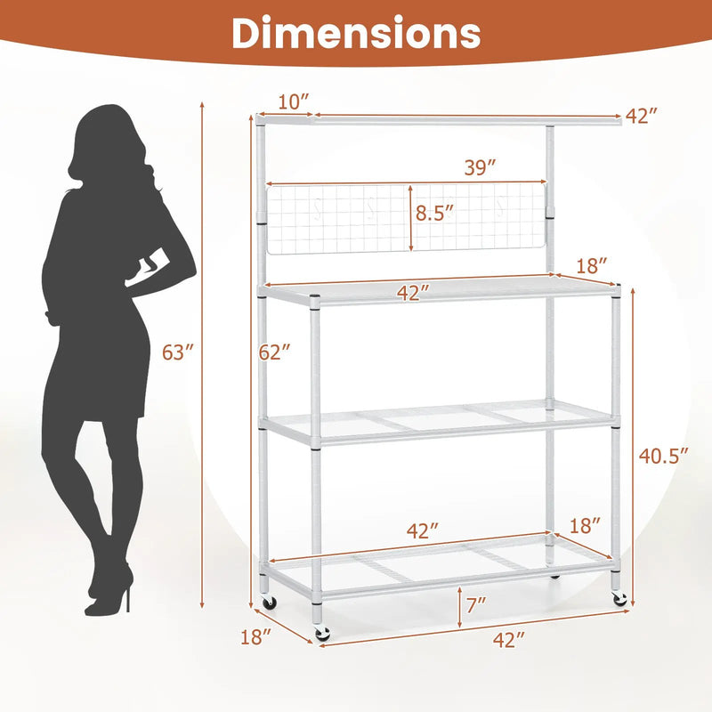4-Tier Bakers Rack on Wheels with Adjustable Shelves-Silver by DirectDeals