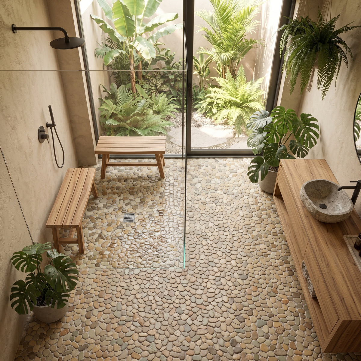 A modern bathroom interior with a pebble-tiled floor, glass shower enclosure, wooden benches, a stone vessel sink on a wood vanity, and abundant green plants throughout.