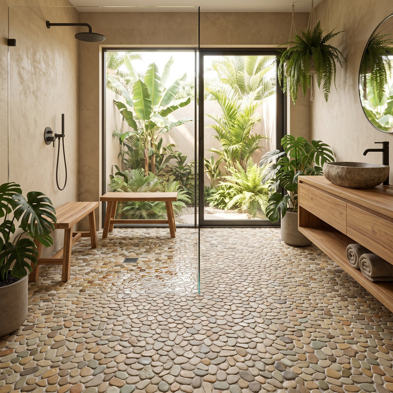 A modern bathroom interior with a pebble-tile floor, wood vanity, stone basin, glass shower enclosure, and large windows overlooking lush tropical greenery.