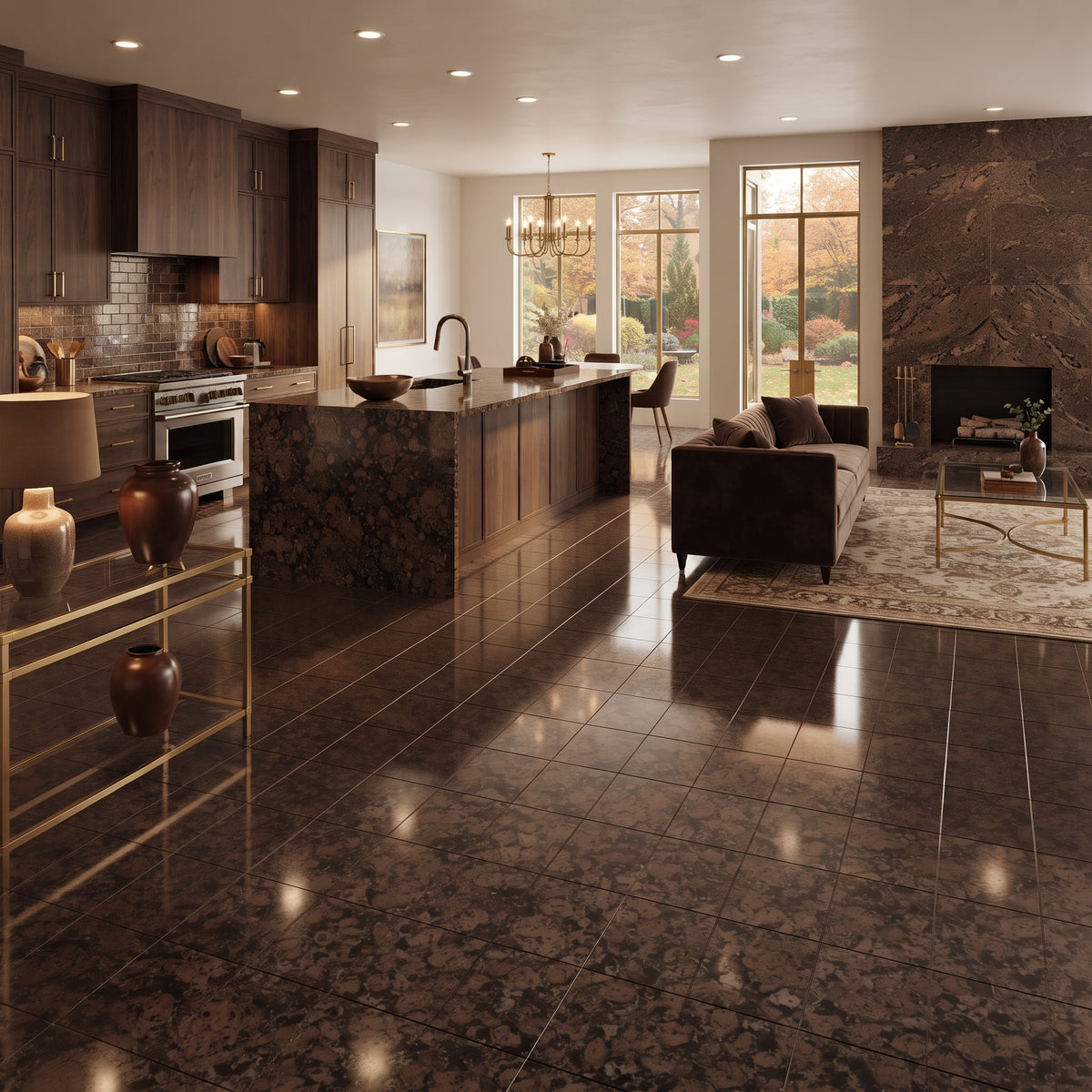 A luxury modern kitchen and living room featuring dark brown and black marble-look floor tiles with a polished finish that reflects the ambient lighting.