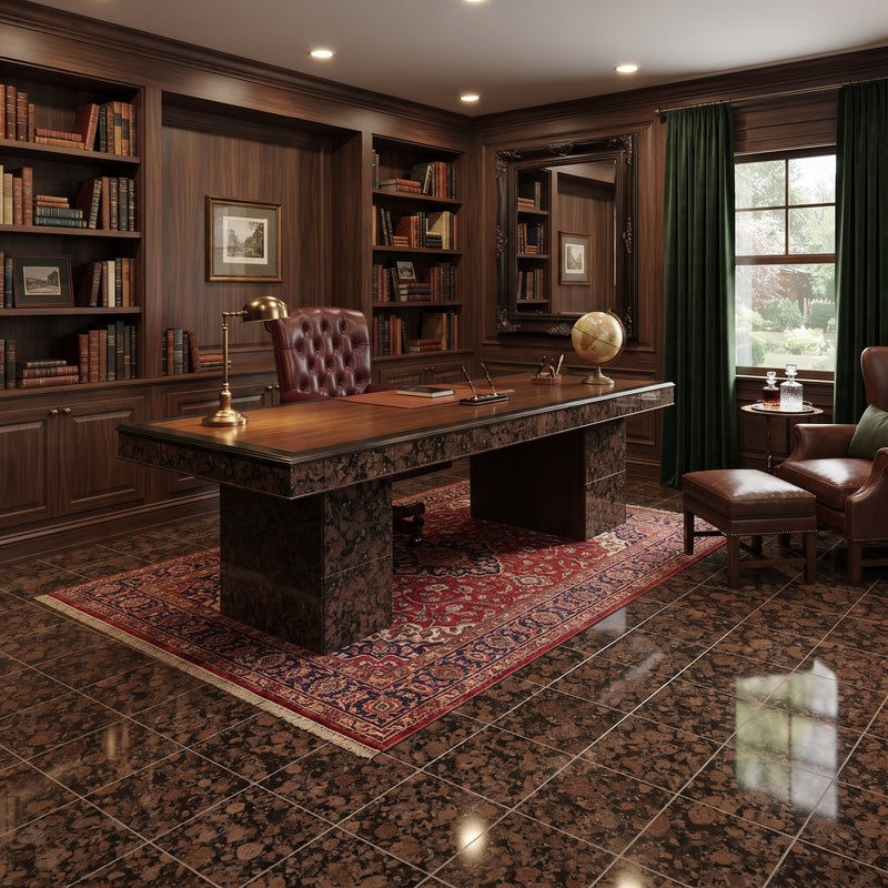 A luxury home office featuring a large wooden writing desk with a dark marble-look base, set on a red patterned oriental rug. The room is styled with dark wood bookshelves, a leather tufted chair, a leather armchair with an ottoman, and a window with dark green curtains.