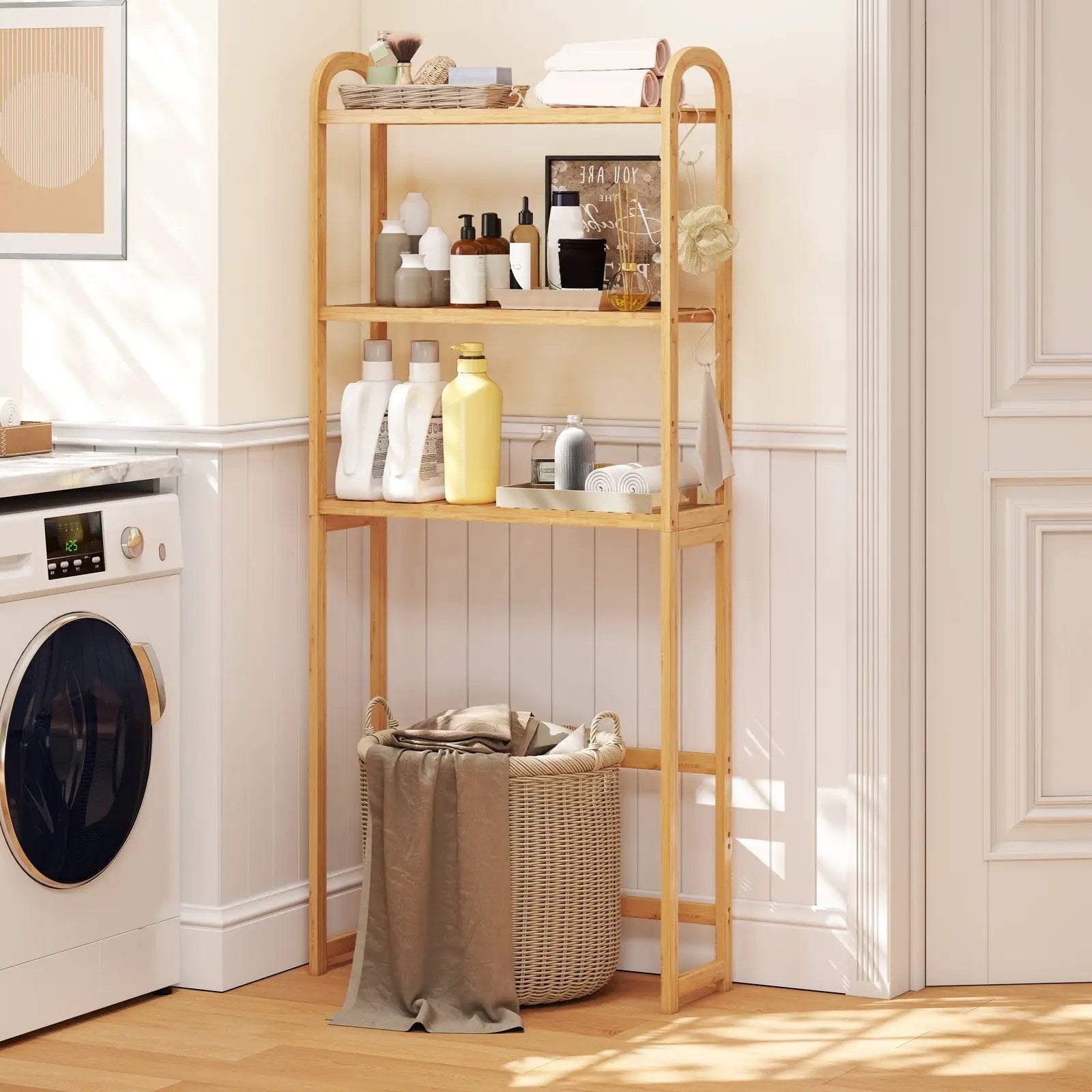 3-Tier Bamboo Bathroom Floor Organizer with 5-Position Shelves and 3 Hooks-Natural by DirectDeals