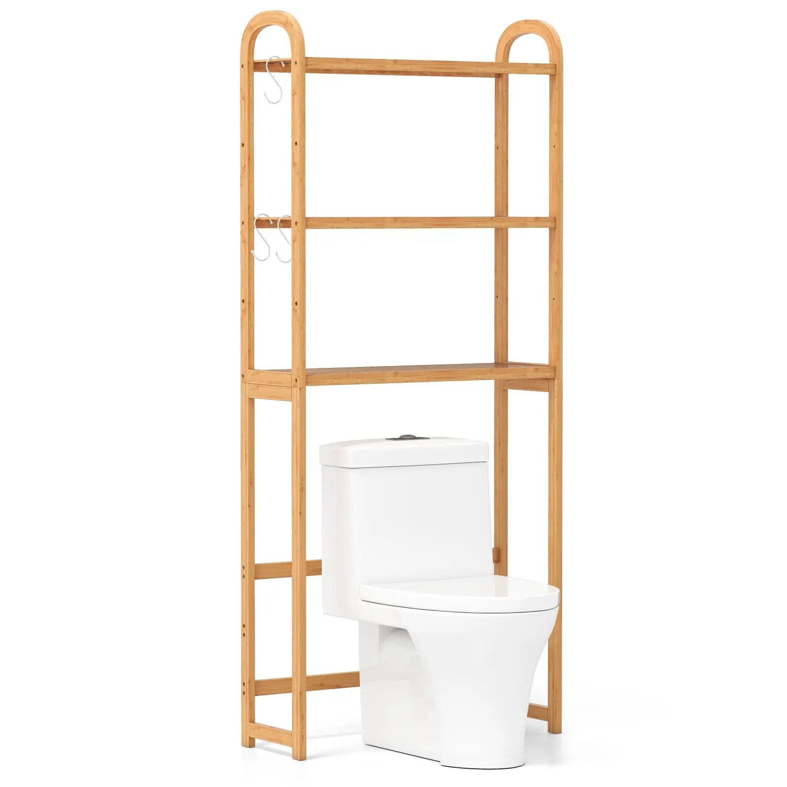 3-Tier Bamboo Bathroom Floor Organizer with 5-Position Shelves and 3 Hooks-Natural by DirectDeals
