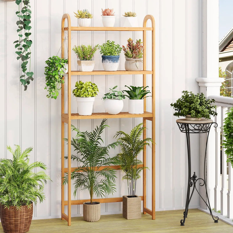 3-Tier Bamboo Bathroom Floor Organizer with 5-Position Shelves and 3 Hooks-Natural by DirectDeals