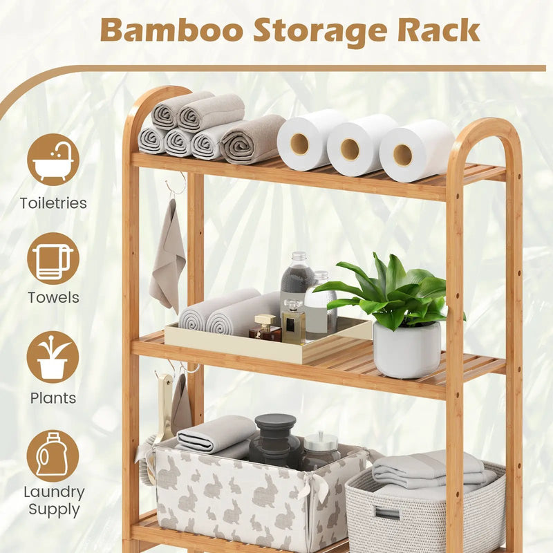 3-Tier Bamboo Bathroom Floor Organizer with 5-Position Shelves and 3 Hooks-Natural by DirectDeals