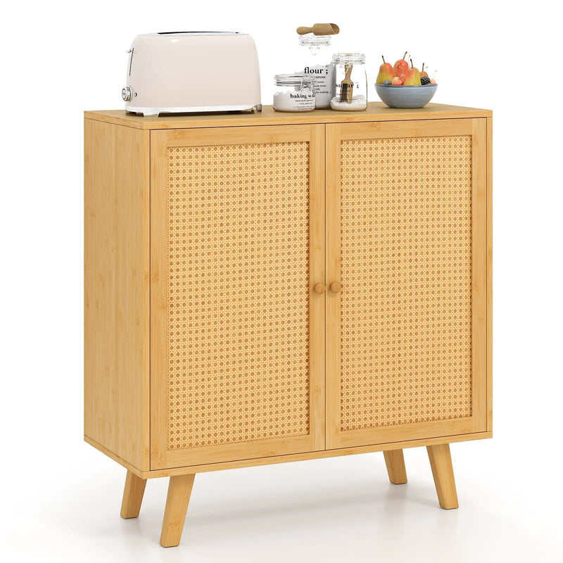 Bamboo Buffet Storage Cabinet with PE Rattan Doors and Freestanding Kitchen Cupboard-Natural by DirectDeals