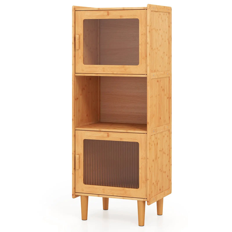 3-Cube Bamboo Storage Cabinet with Open Compartment and 2 Acrylic Doors-Natural by DirectDeals