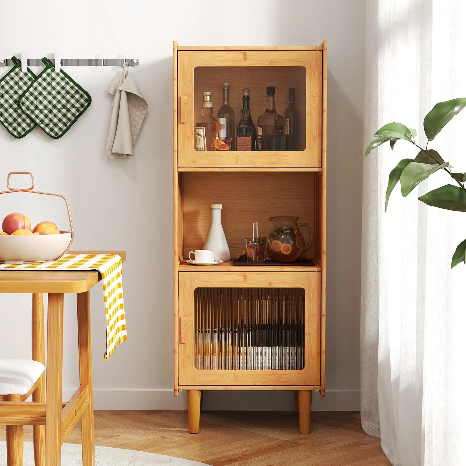 3-Cube Bamboo Storage Cabinet with Open Compartment and 2 Acrylic Doors-Natural by DirectDeals