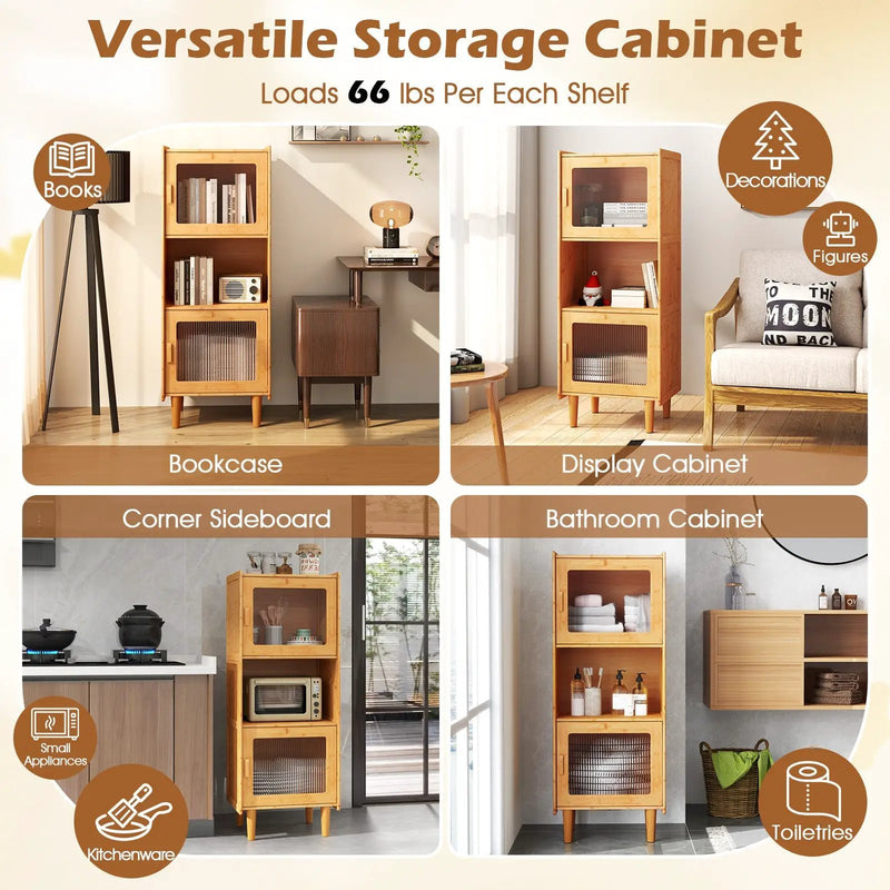 3-Cube Bamboo Storage Cabinet with Open Compartment and 2 Acrylic Doors-Natural by DirectDeals