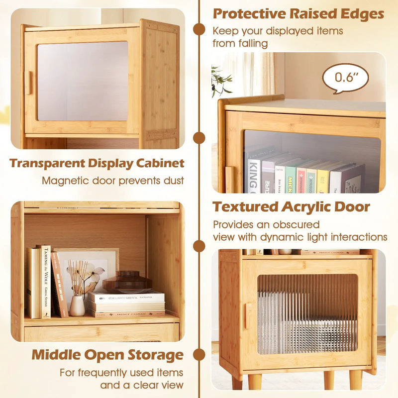 3-Cube Bamboo Storage Cabinet with Open Compartment and 2 Acrylic Doors-Natural by DirectDeals