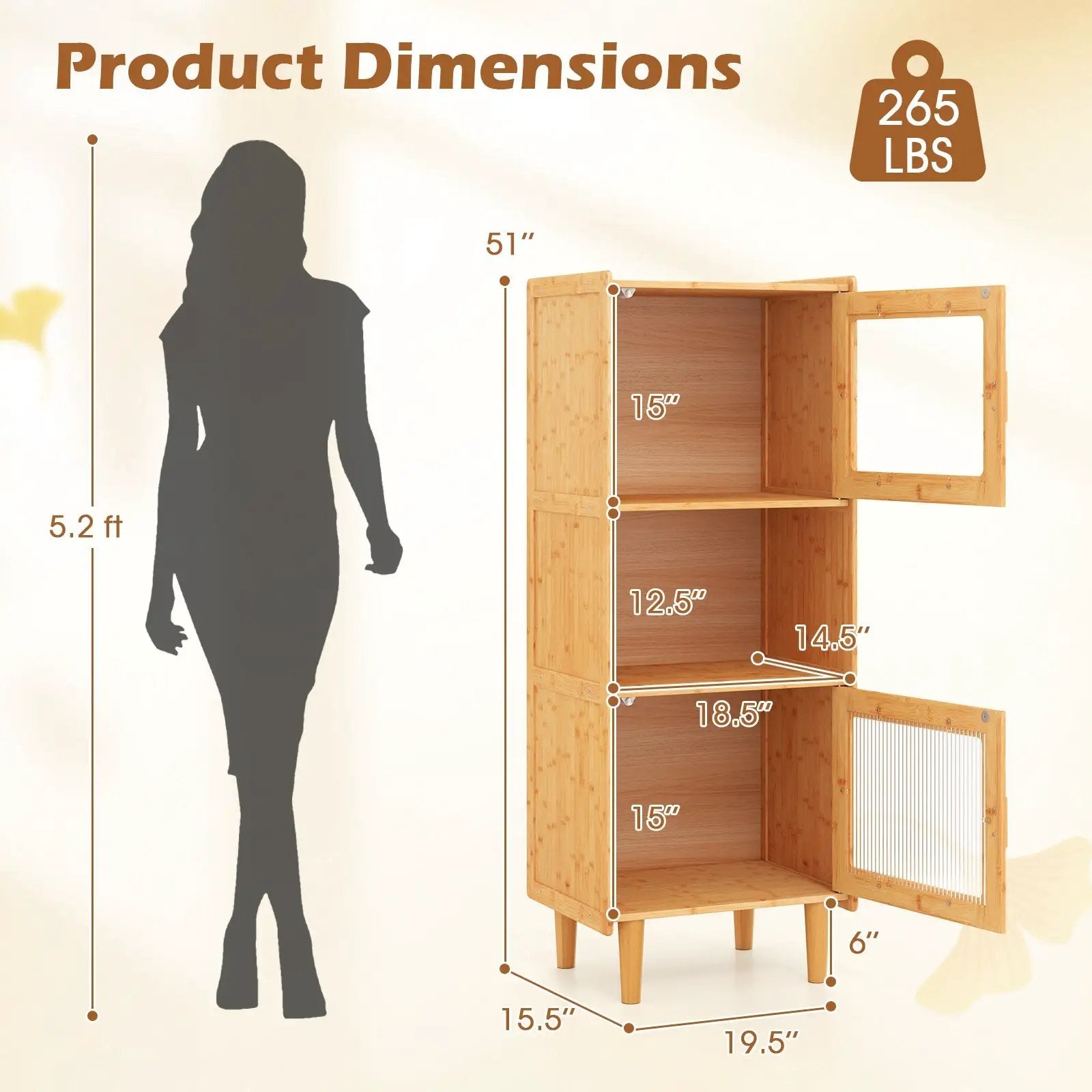 3-Cube Bamboo Storage Cabinet with Open Compartment and 2 Acrylic Doors-Natural by DirectDeals