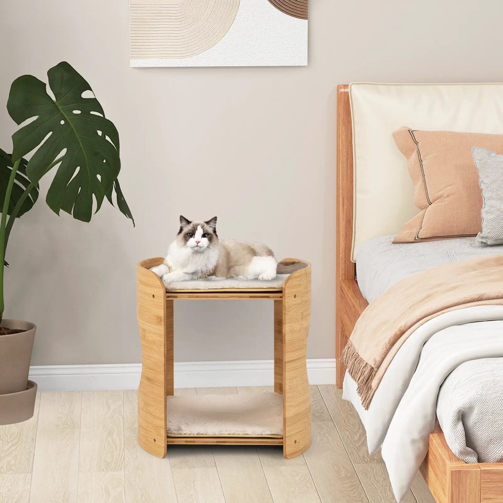 2-Tier Bamboo Cat Tree with Plush Mats for Indoor Cats by DirectDeals