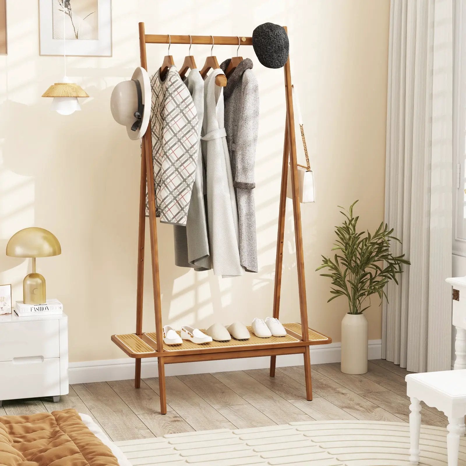 Bamboo Clothes Rack with Hanging Rod Rattan Shelf and Copper Hooks by DirectDeals