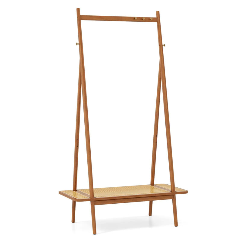Bamboo Clothes Rack with Hanging Rod Rattan Shelf and Copper Hooks by DirectDeals