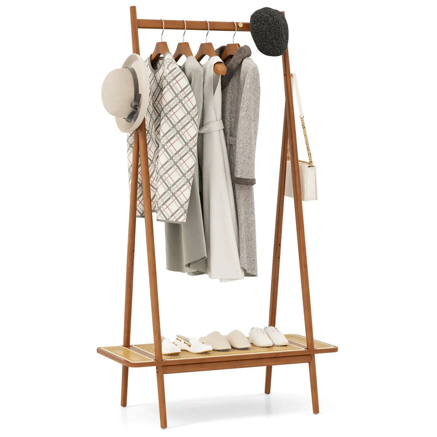 Bamboo Clothes Rack with Hanging Rod Rattan Shelf and Copper Hooks by DirectDeals