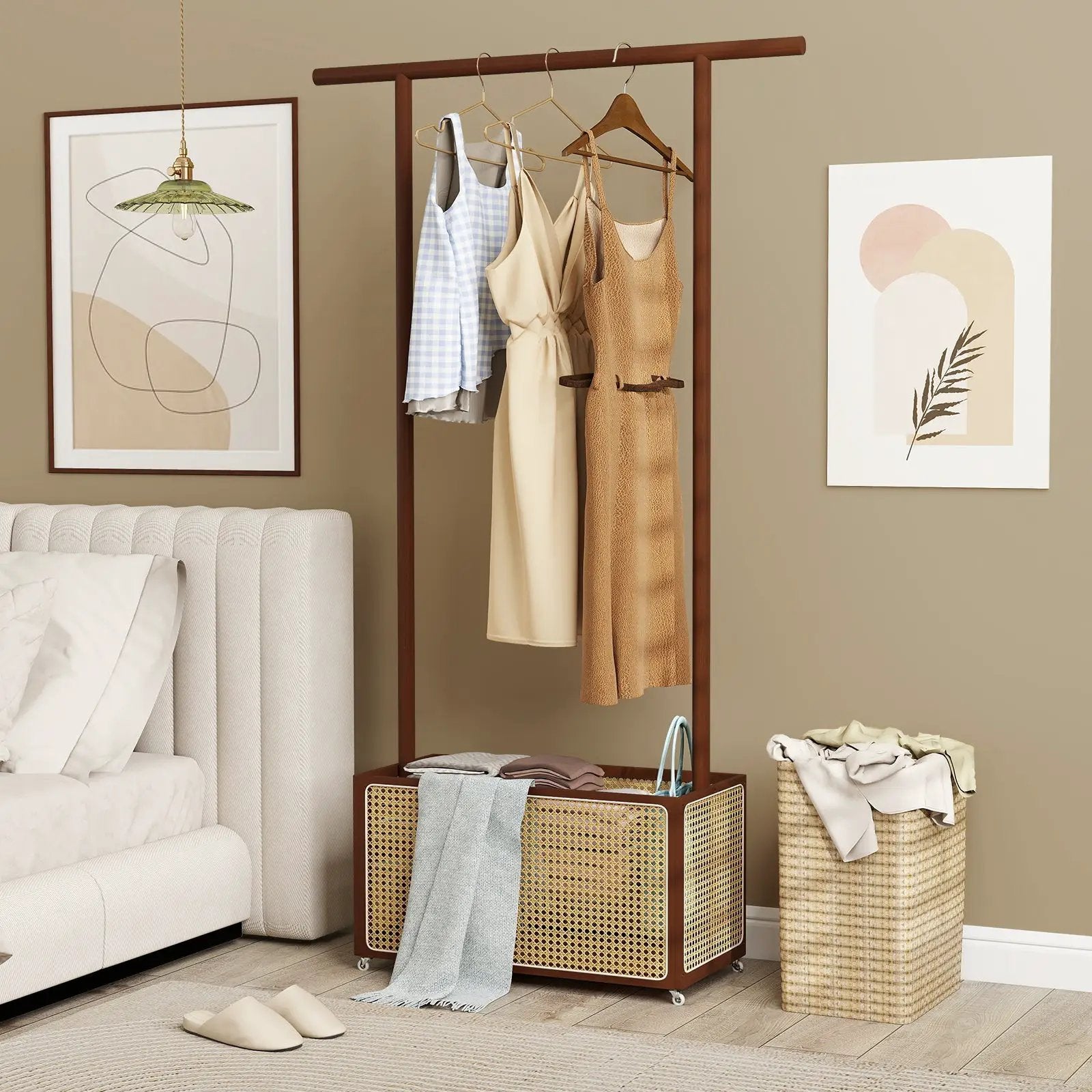 Bamboo Clothes Rack with Rattan Storage Basket and Wheels by DirectDeals