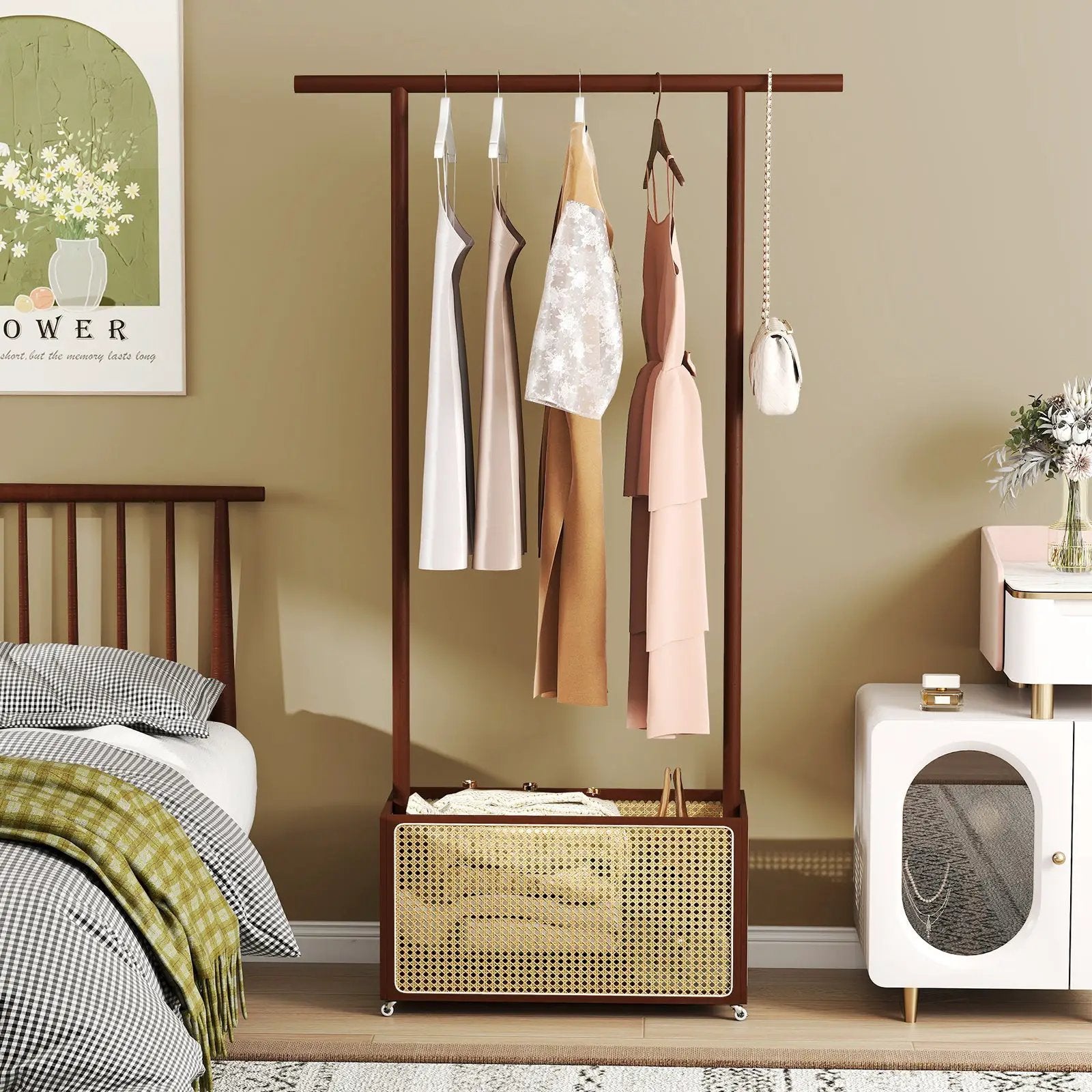 Bamboo Clothes Rack with Rattan Storage Basket and Wheels by DirectDeals