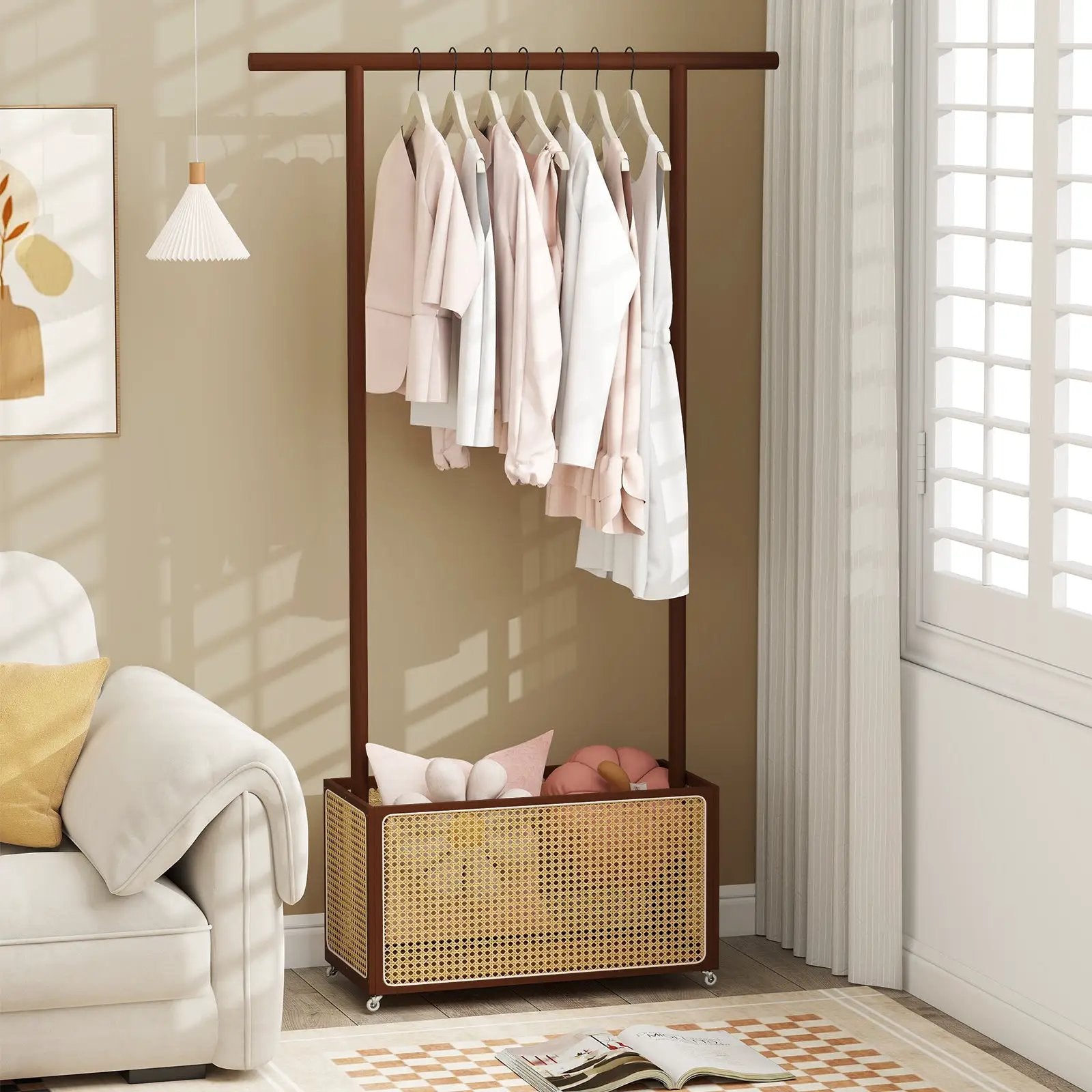 Bamboo Clothes Rack with Rattan Storage Basket and Wheels by DirectDeals