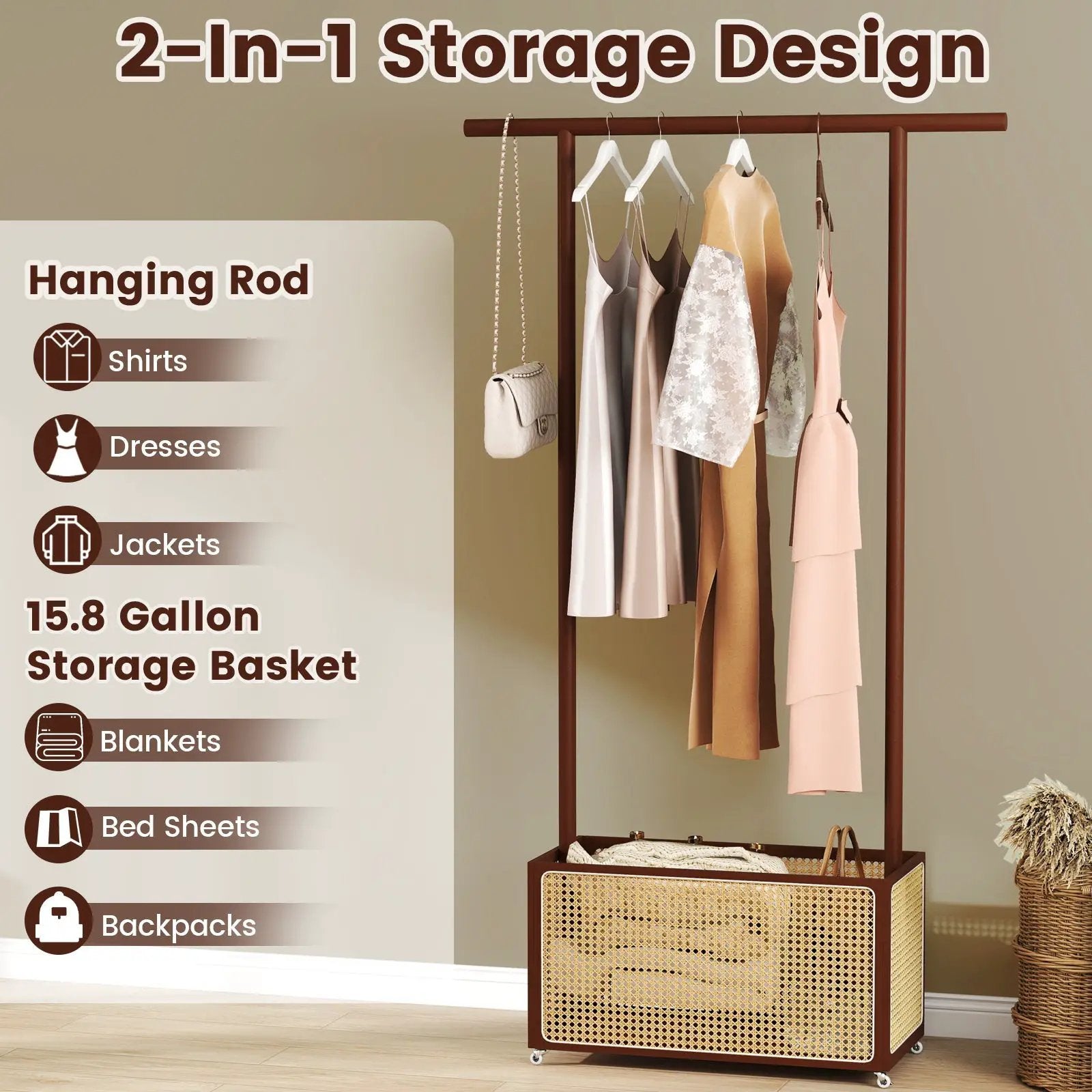 Bamboo Clothes Rack with Rattan Storage Basket and Wheels by DirectDeals
